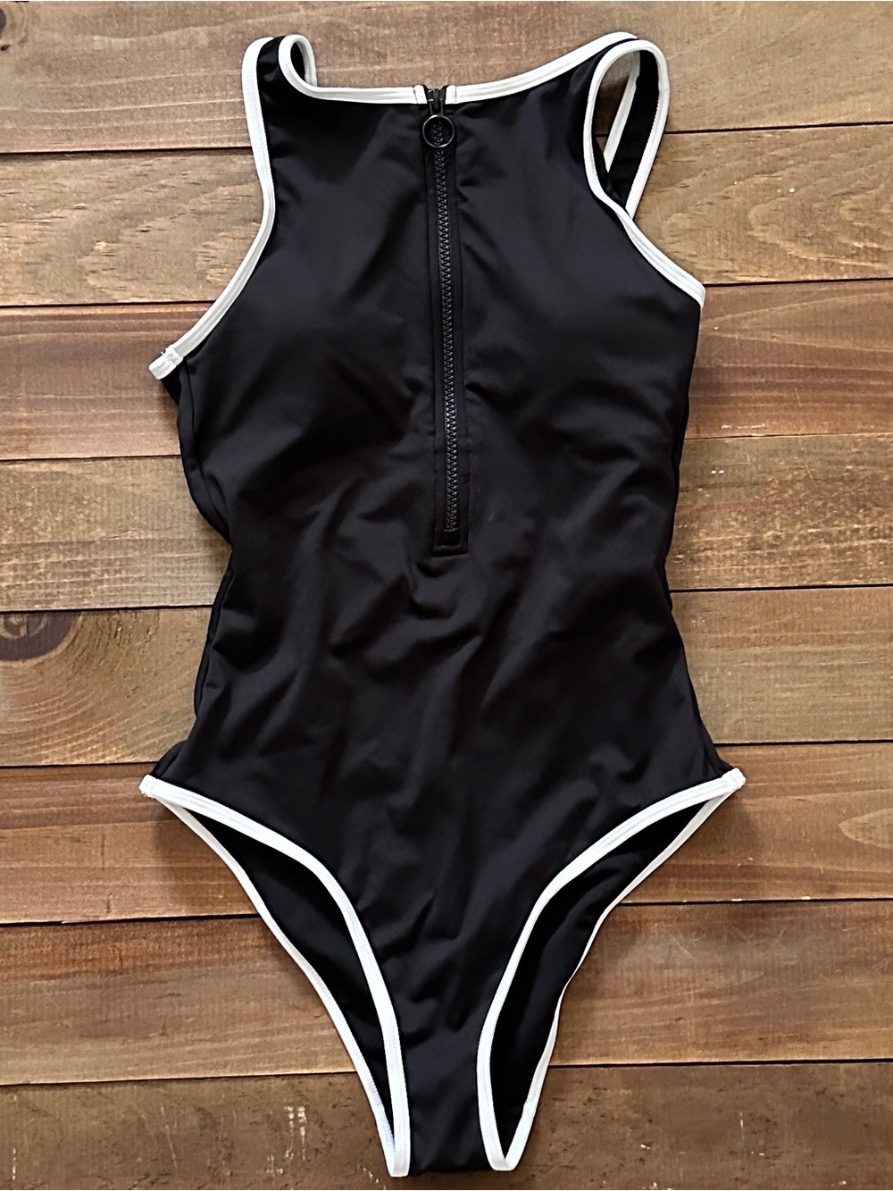 Primark Black One-Piece Swimsuit with White Trim and Front Zip